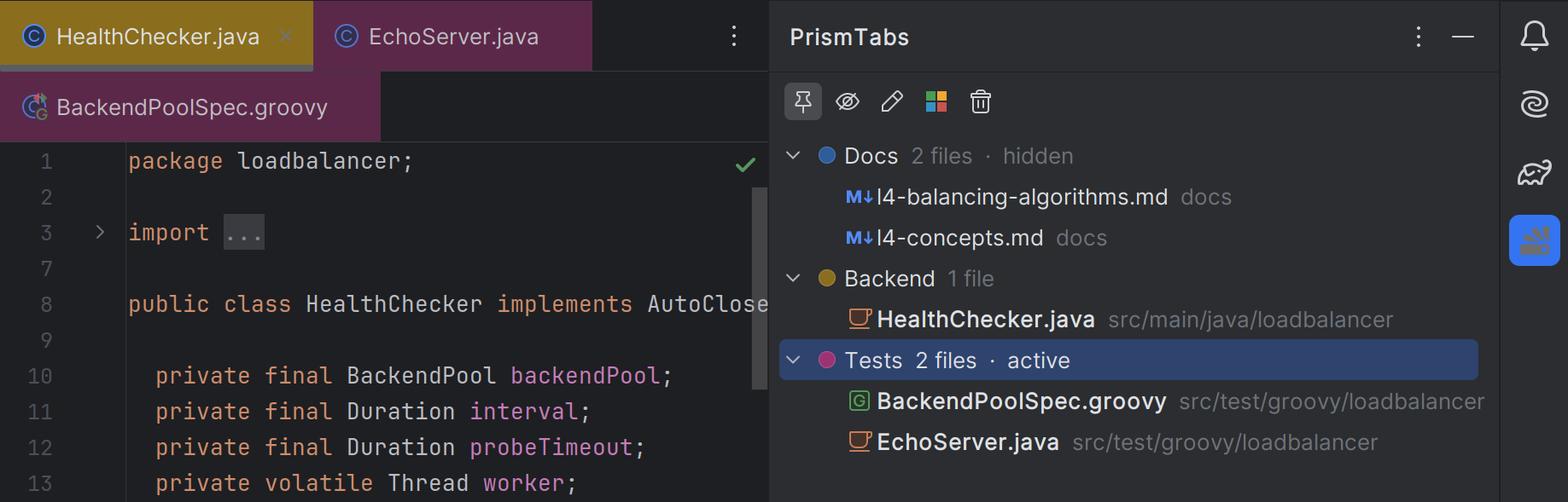 PrismTabs in IntelliJ IDEA: three editor tabs tinted by group, next to the PrismTabs tool window with the Docs, Backend and Tests groups expanded to show their member files and paths — Tests marked active, Docs hidden — with pin, hide, rename, recolour and delete actions in the toolbar.