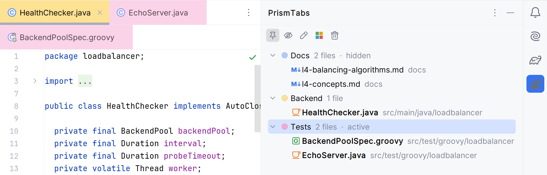 PrismTabs in IntelliJ IDEA: three editor tabs tinted by group, next to the PrismTabs tool window with the Docs, Backend and Tests groups expanded to show their member files and paths — Tests marked active, Docs hidden — with pin, hide, rename, recolour and delete actions in the toolbar.