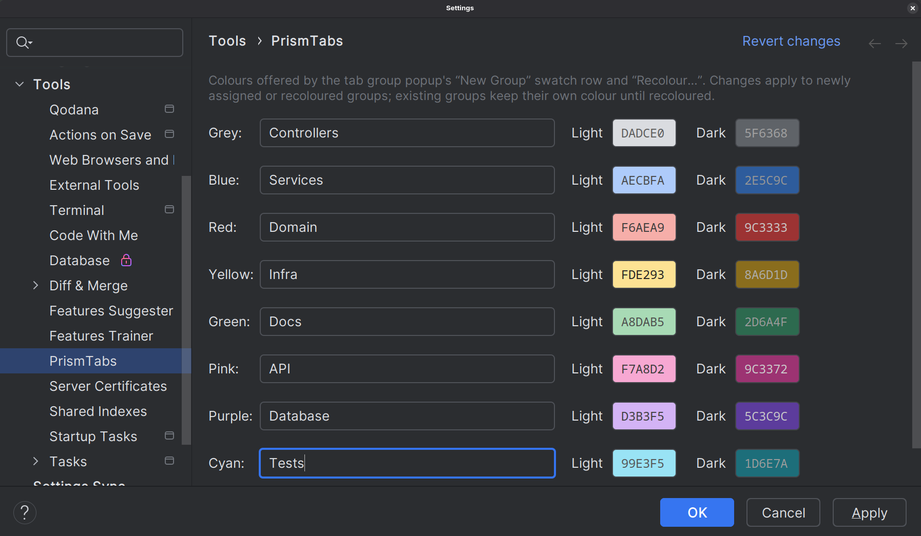 The PrismTabs palette editor under Settings, Tools, PrismTabs: every preset renamed to a purpose — Grey to Controllers, Blue to Services, Green to Docs, and so on — each with its own light and dark hex value.